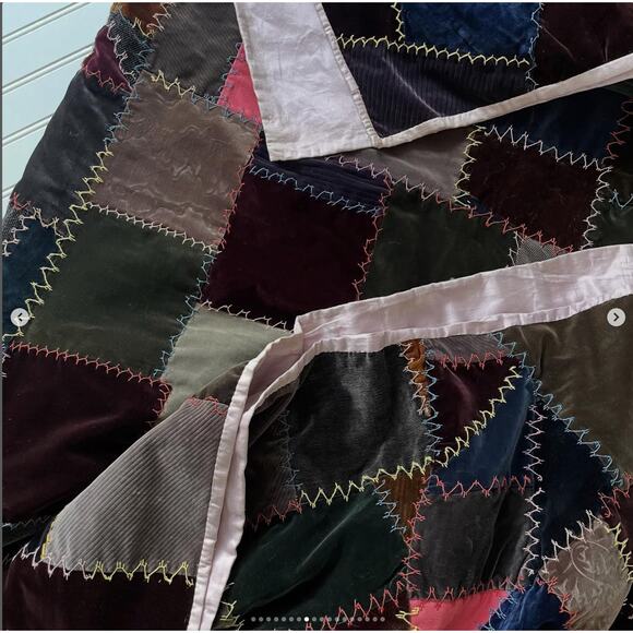 Antique Vintage Velvet Crazy Quilt Patchwork Hand Stitched Brown Purple Silky - Picture 8 of 16